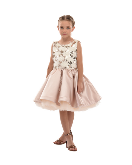 kidsatelier-tulleen-SS19406-CHAMPAGNE-tulleen- metallic-Gold-short-satin-champagne-dress- glamour