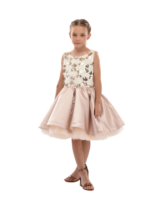kidsatelier-tulleen-SS19406-CHAMPAGNE-tulleen- metallic-Gold-short-satin-champagne-dress- glamour