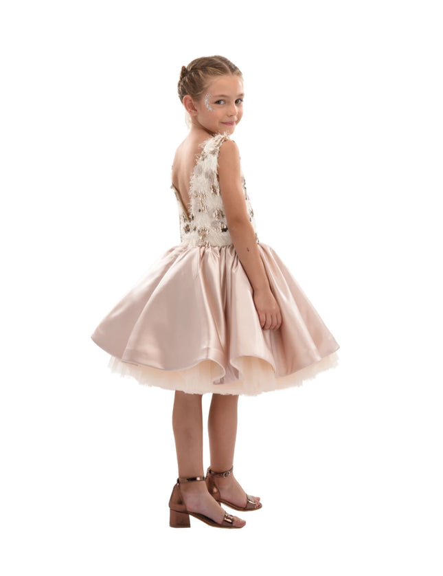 kidsatelier-tulleen-SS19406-CHAMPAGNE-tulleen- metallic-Gold-short-satin-champagne-dress- glamour
