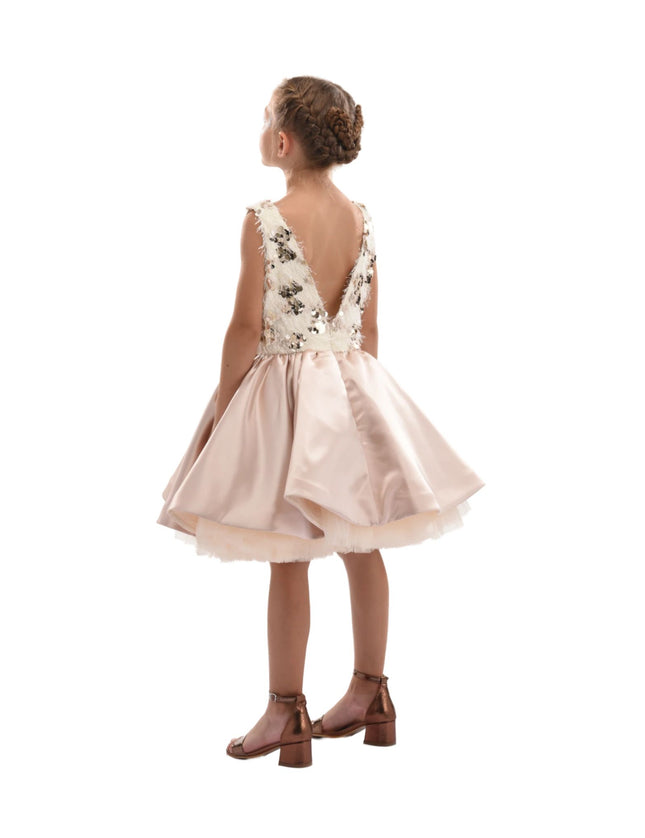 kidsatelier-tulleen-SS19406-CHAMPAGNE-tulleen- metallic-Gold-short-satin-champagne-dress- glamour