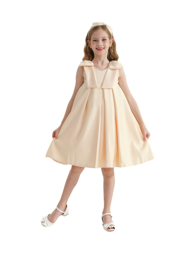 kidsatelier-tulleen-T9901-Champagne-gold-palermo-satin-bow-pleated-dress