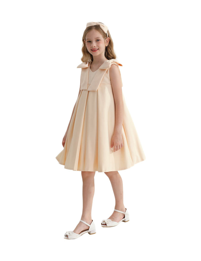 kidsatelier-tulleen-T9901-Champagne-gold-palermo-satin-bow-pleated-dress