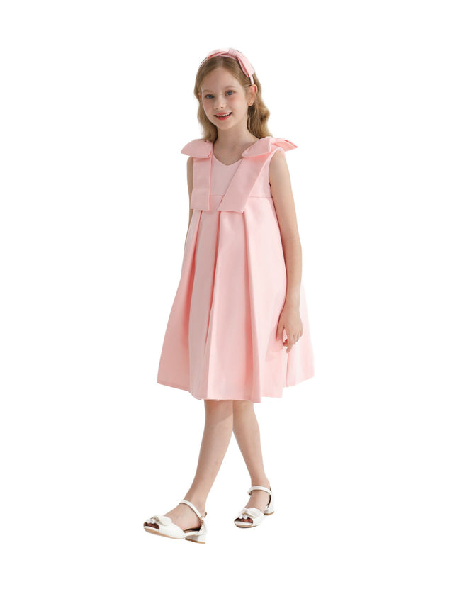 kidsatelier-tulleen-T9901-Pink-palermo-satin-bow-pleated-dress