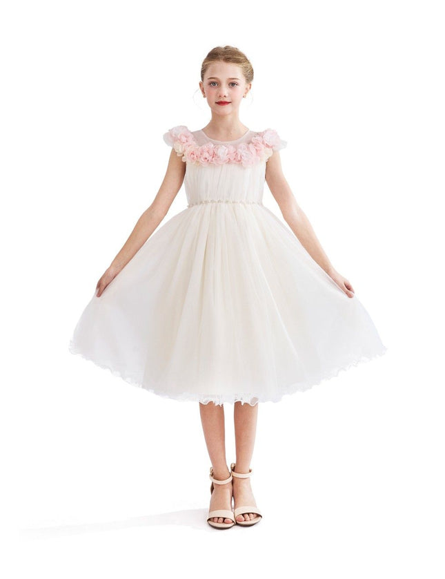 kids atelier tulleen White Dress with Pink Petal Trim