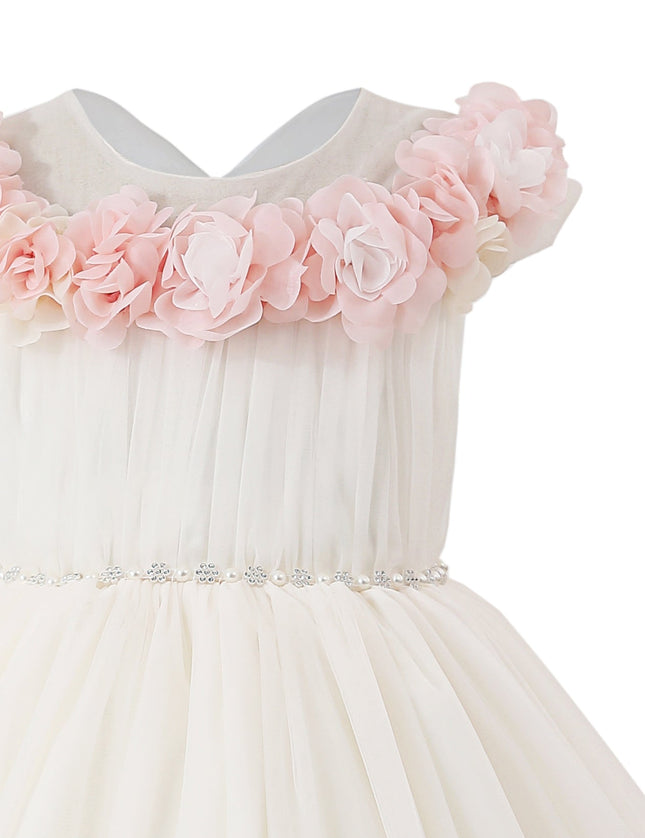 kids atelier tulleen White Dress with Pink Petal Trim