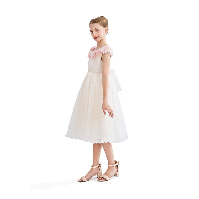 kids atelier tulleen White Dress with Pink Petal Trim