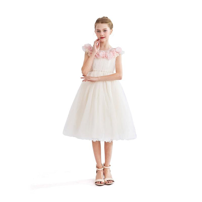 kids atelier tulleen White Dress with Pink Petal Trim