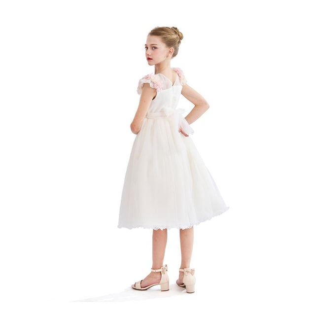 kids atelier tulleen White Dress with Pink Petal Trim
