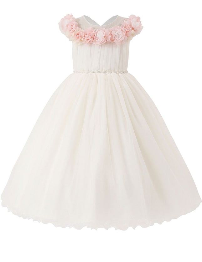 kids atelier tulleen White Dress with Pink Petal Trim