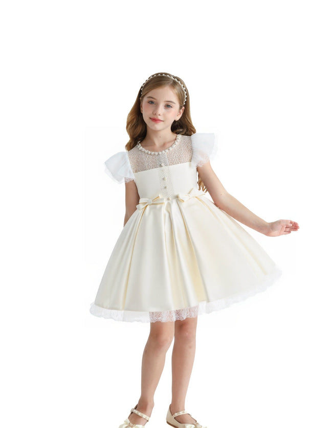 kids atelier tulleen Ivory Lace-Trim Puff Sleeve Dress