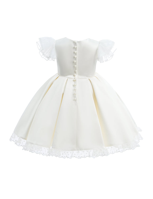 kids atelier tulleen Ivory Lace-Trim Puff Sleeve Dress