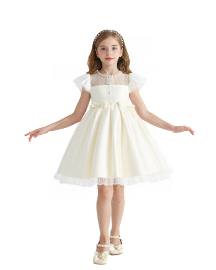 kids atelier tulleen Ivory Lace-Trim Puff Sleeve Dress