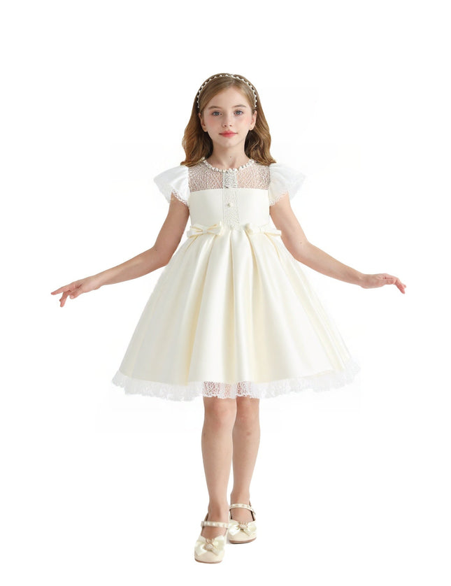 kids atelier tulleen Ivory Lace-Trim Puff Sleeve Dress