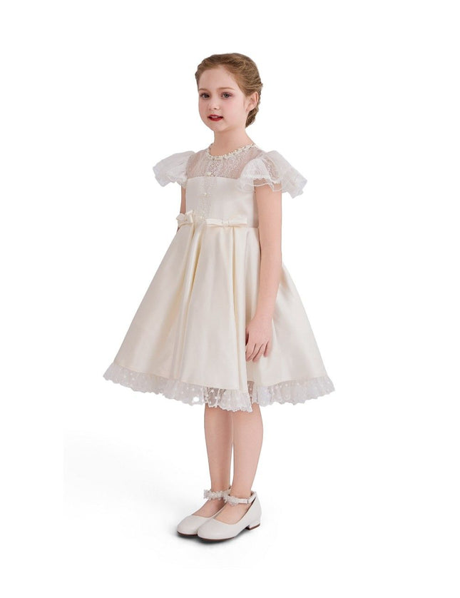 kids atelier tulleen Ivory Lace-Trim Puff Sleeve Dress