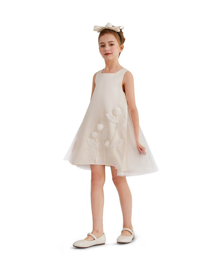 kids atelier tulleen White Satin Dress with Floral Accents