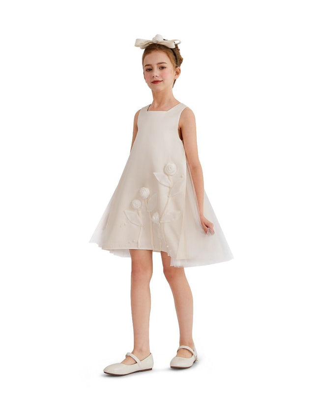 kids atelier tulleen White Satin Dress with Floral Accents