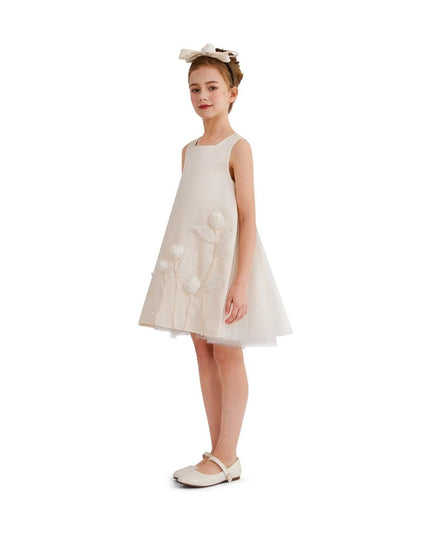 kids atelier tulleen White Satin Dress with Floral Accents