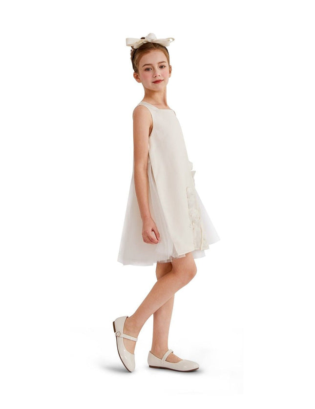 kids atelier tulleen White Satin Dress with Floral Accents