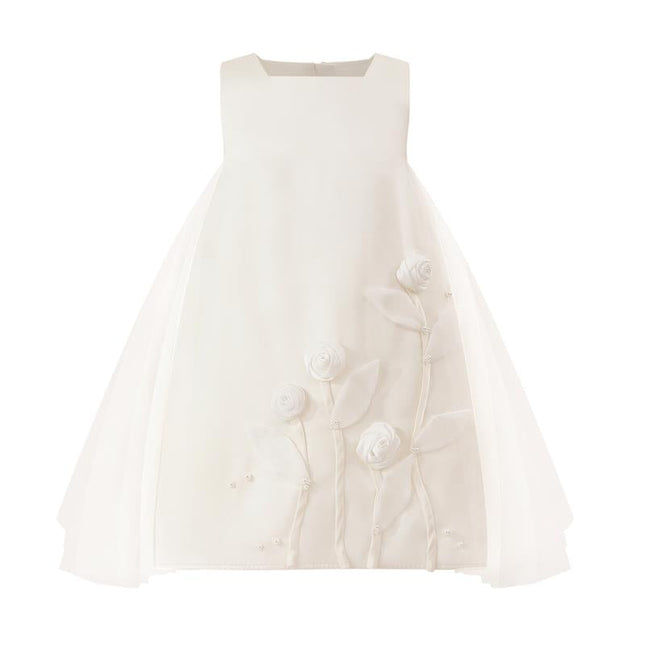 kids atelier tulleen White Satin Dress with Floral Accents