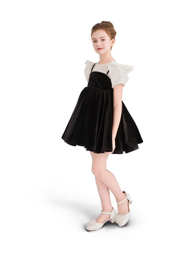kids atelier tulleen Black & White Velvet Bow Dress