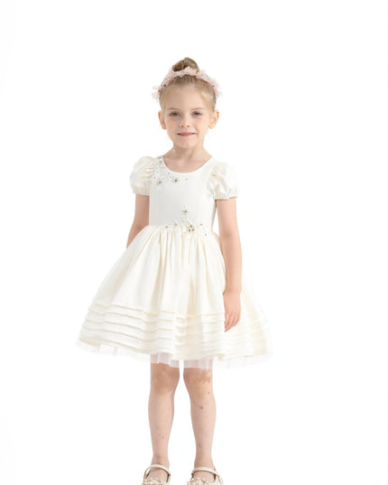 kids atelier tulleen Ivory Embroidered Pleated Dress