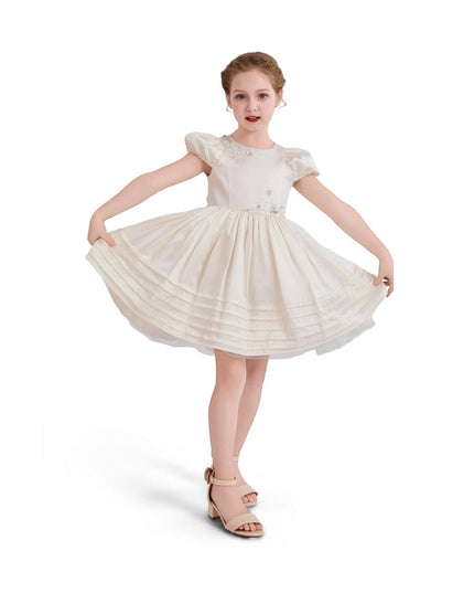 kids atelier tulleen Ivory Floral-Embroidered Pleated Dress