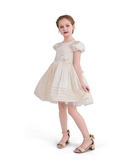 kids atelier tulleen Ivory Floral-Embroidered Pleated Dress