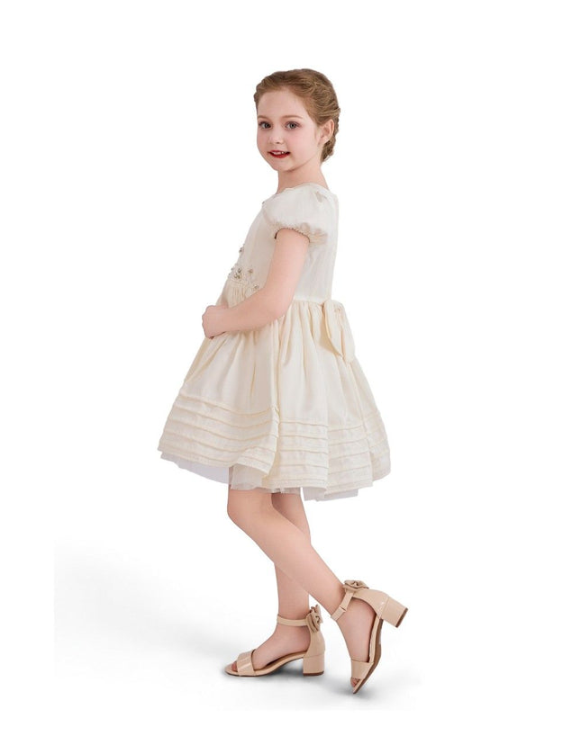 kids atelier tulleen Ivory Floral-Embroidered Pleated Dress