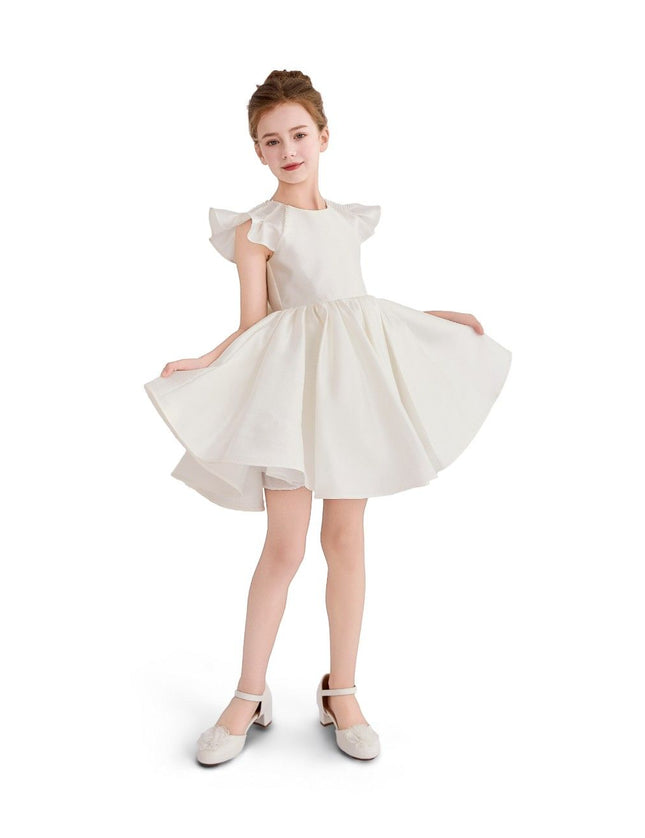 kids atelier tulleen White Satin Flutter-Sleeve Dress
