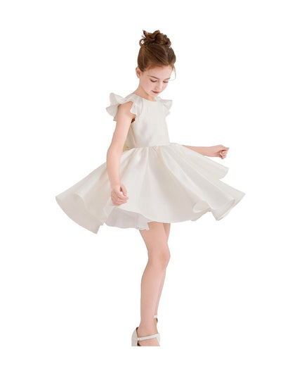 kids atelier tulleen White Satin Flutter-Sleeve Dress