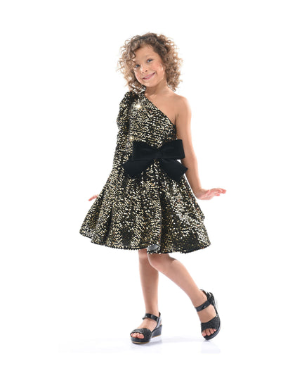 Black Gold Sequin Bow Zoria Dress