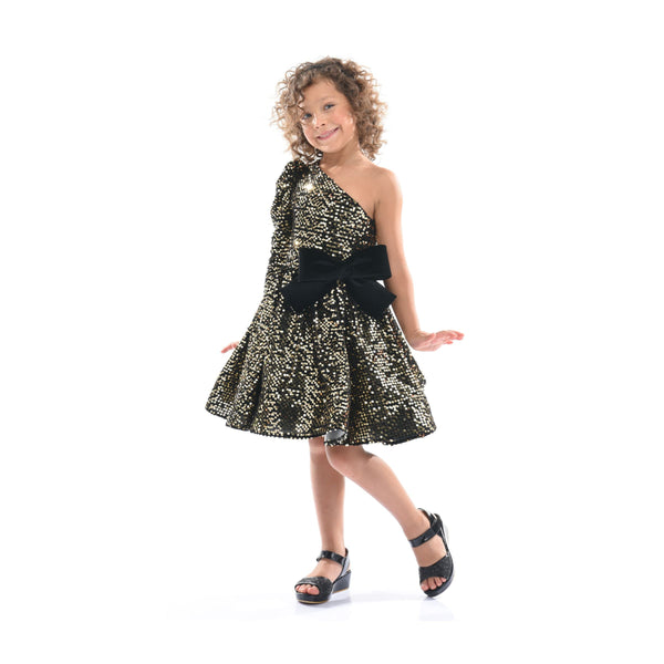 Black Gold Sequin Bow Zoria Dress