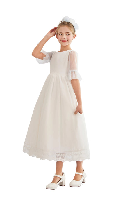 tulleen White Montessa Formal Dress with Lace Trim