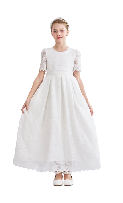 tulleen White Belciana Short Sleeve Lace Dress