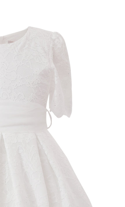 tulleen White Belciana Short Sleeve Lace Dress