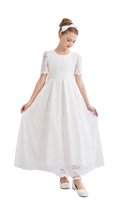 tulleen White Belciana Short Sleeve Lace Dress
