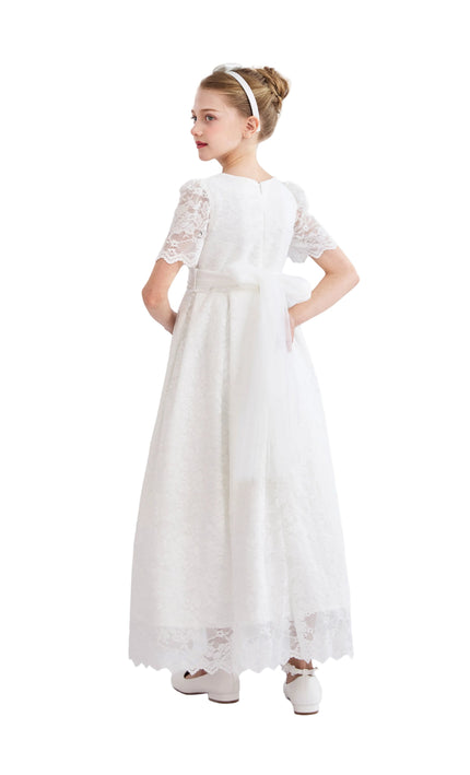 tulleen White Belciana Short Sleeve Lace Dress
