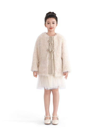 Cream Faux Fur & Wool Bow Coat