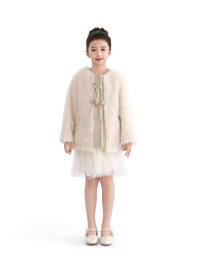 Cream Faux Fur & Wool Bow Coat