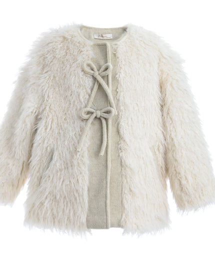 kids atelier tulleen Cream Faux Fur & Wool Bow Coat