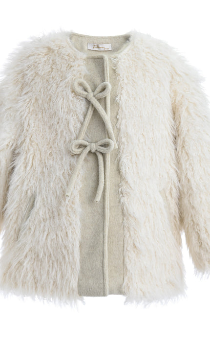 kids atelier tulleen Cream Faux Fur & Wool Bow Coat