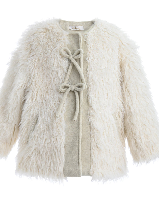 kids atelier tulleen Cream Faux Fur & Wool Bow Coat