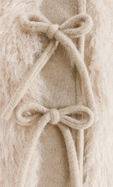 Cream Faux Fur & Wool Bow Coat