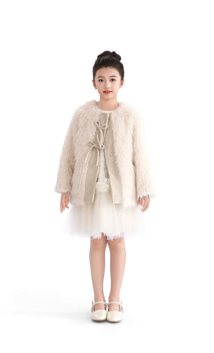 Cream Faux Fur & Wool Bow Coat