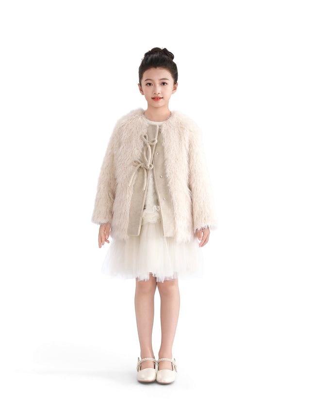 Cream Faux Fur & Wool Bow Coat