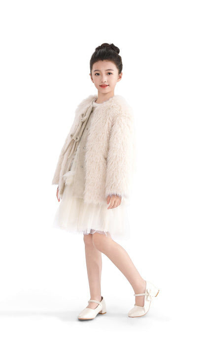Cream Faux Fur & Wool Bow Coat