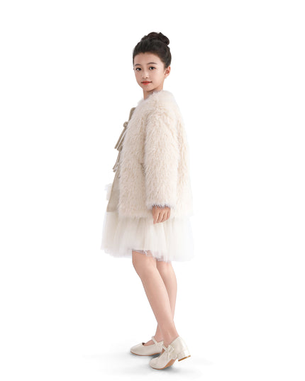Cream Faux Fur & Wool Bow Coat