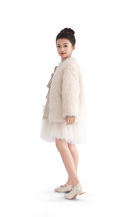 Cream Faux Fur & Wool Bow Coat