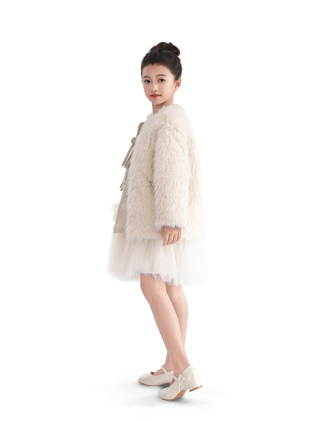 Cream Faux Fur & Wool Bow Coat