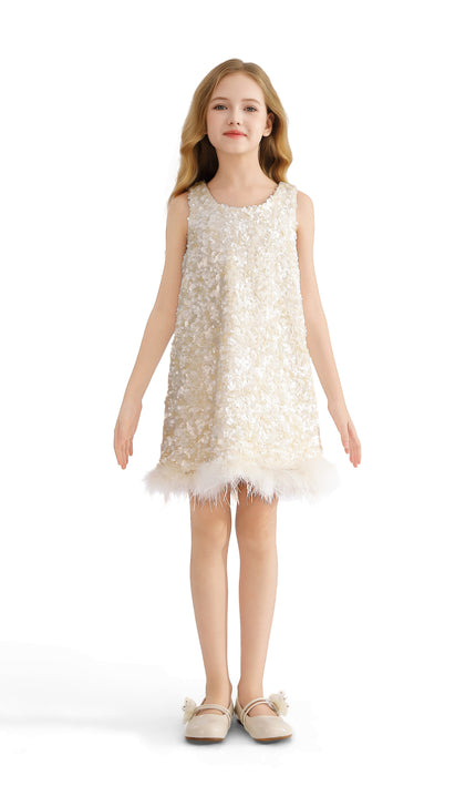 kids atelier tulleen Ivory Sequin Feather Dress